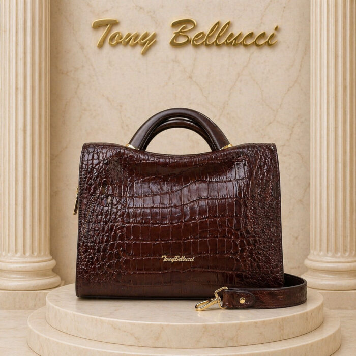 Кафява дамска чанта крокодил Tony Bellucci - тъмнокафяв релеф, махагонова дръжка, златни елементи