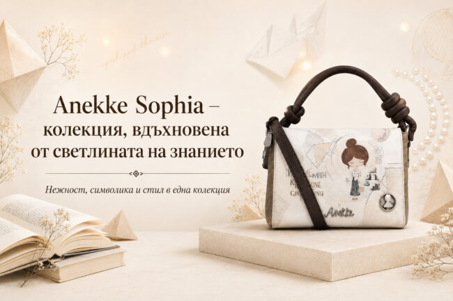 колекция Анеkke Sophia Бежова дамска чанта Anekke Sophia с илюстрация на момиче и тъмнокафяви дръжки