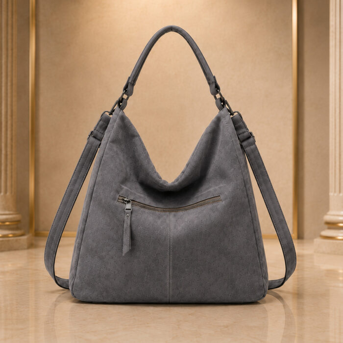 Сива дамска велурена чанта 1577-40 - релефен принт, тъмни метални обкови и crossbody презрамка