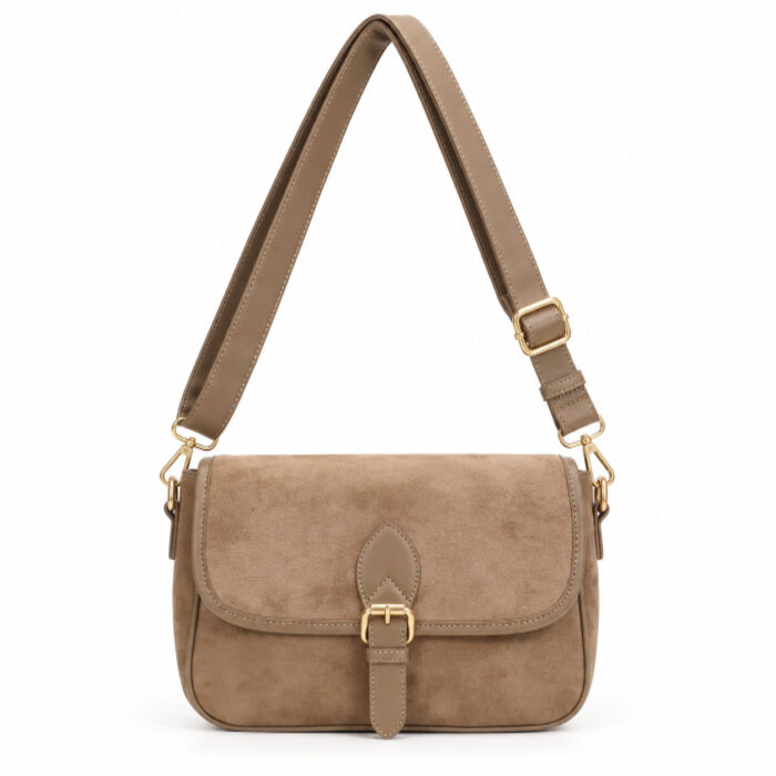 Бежова дамска чанта велур с капак от еко велур, за едно рамо или crossbody
